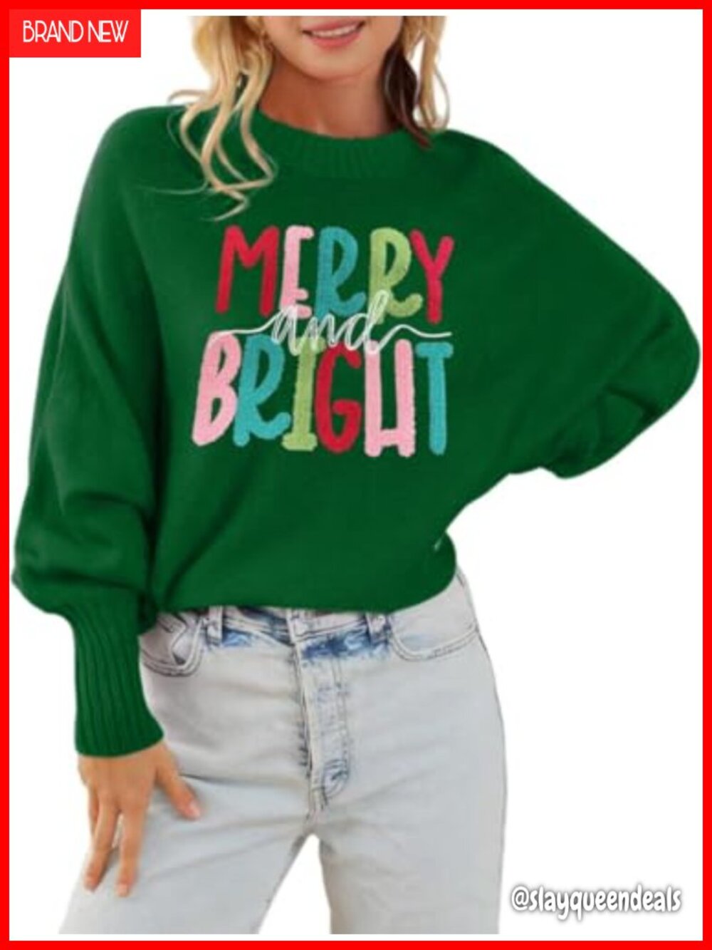 Merry and Bright Graphic Christmas Sweater Batwing Sleeve Loose Fit Pullover